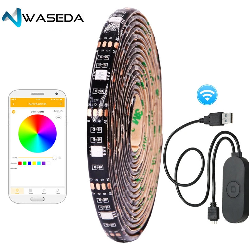 

WASEDA USB LED Strip Licht 5050 RGB1M-2M Waterproof Strip Voice Control Google Home IFTTT Android IOS smart control 5V rgb