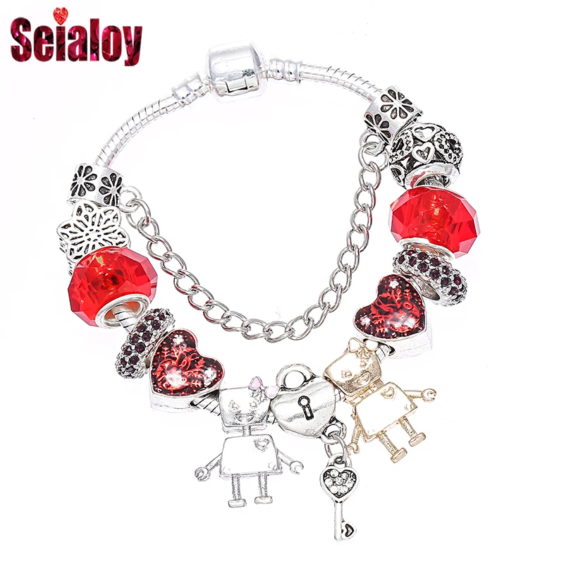 Seialoy Silver plated robot charm Couple bracelets for women man girlfriends DIY love beads Pandora jewelry bracelet&bangles