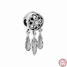 Цветочные и Висячие перья душевный Ловец снов Висячие бусины для женщин ювелирные изделия DIY Fit PANDORA Подвески Серебро 925 FL771