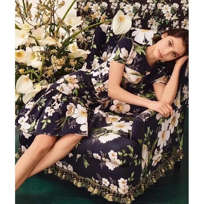 

SE Summer Floral Silk Dress Short Sleeve V Neck Elegant Party Dresses RunwayWomen Design Bird Print Loose Vintage Vestidos