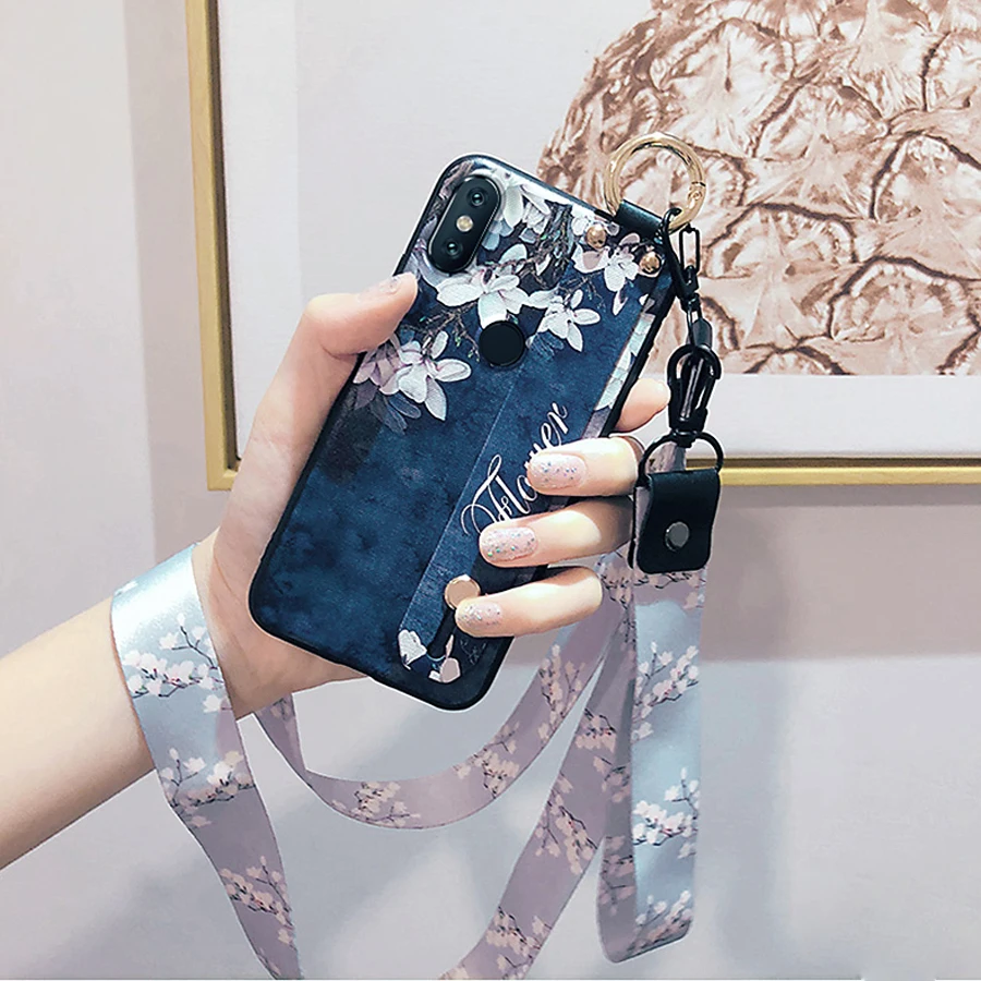For xiaomi mi A1 A2 6 max 2 case cover 3d wristband flower painted with strap soft silicon phone bag case for redmi note 5 4x