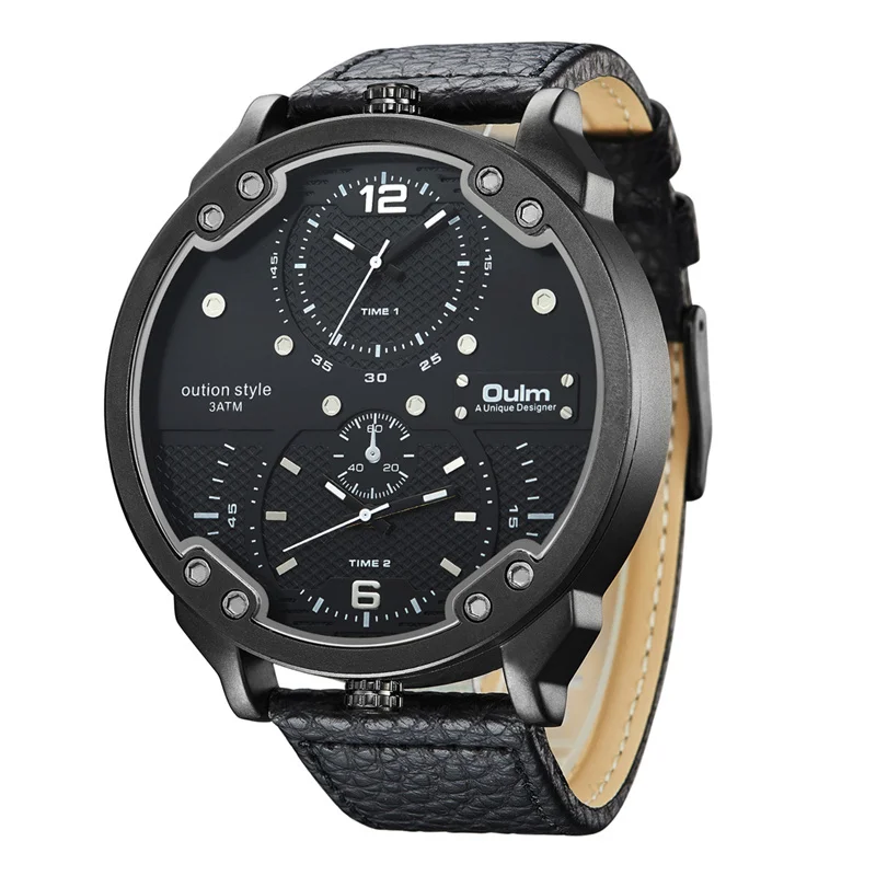 Oulm, регулируемые мужские часы с двумя часовыми поясами, люксовый бренд, большие размеры, повседневные кожаные Наручные часы, мужские спортивные часы erkek kol saati - Цвет: Black