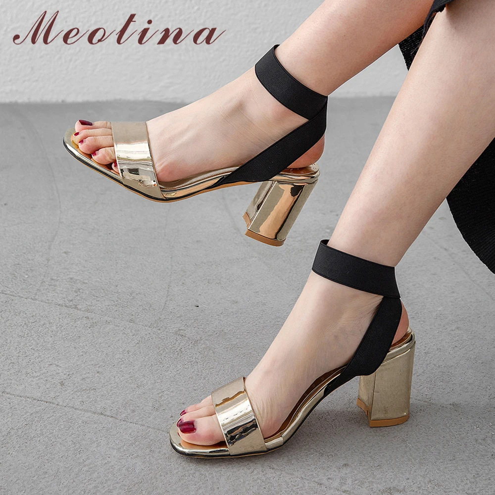 

Meotina Women Sandals Summer Shoes Patent Leather Chunky High Heel Shoes Sexy Open Toe Ankle Strap Sandals Lady Gold Size 33-43