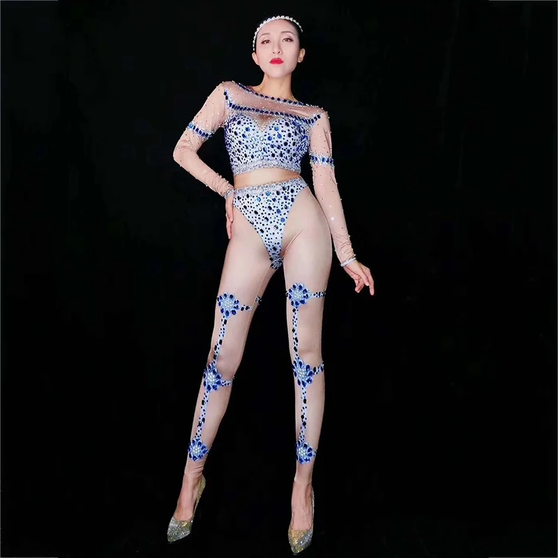 

Sparkly Blue Rhinestones Stretch Spandex Jumpsuit Women Birthday Party Dancing Bodysuit Celebrate DJ Adult Singer Clothes DT1035