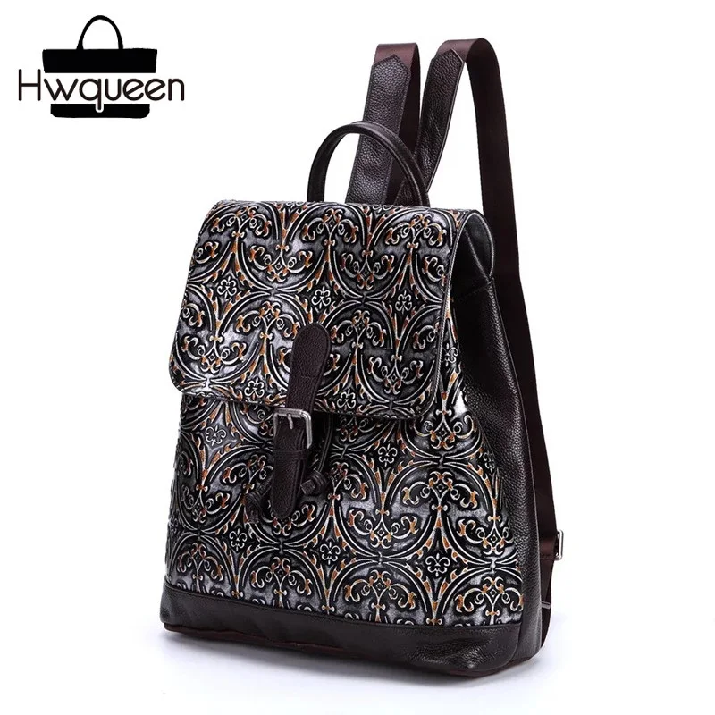 

Preppy Style Embossing Designer Genuine Leather Drawstring Closure Girls School Backpack Vintage Female Women Casual Backpack