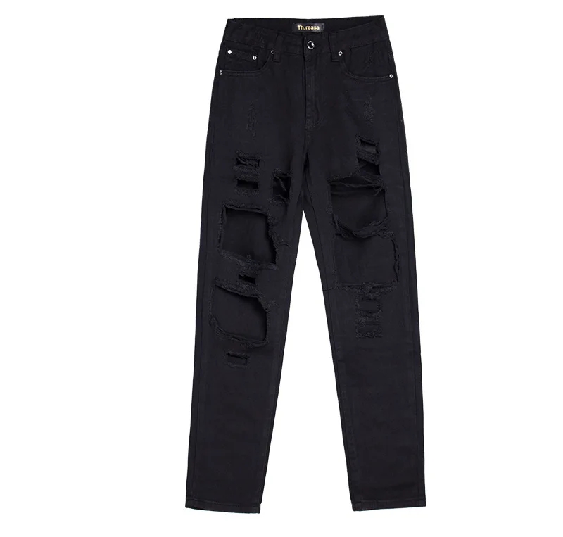 Уличная рваные джинсы женские модные пустое отверстие прямые брюки Mujer черные потертые джинсы Femme свободные Джинсы бойфренда
