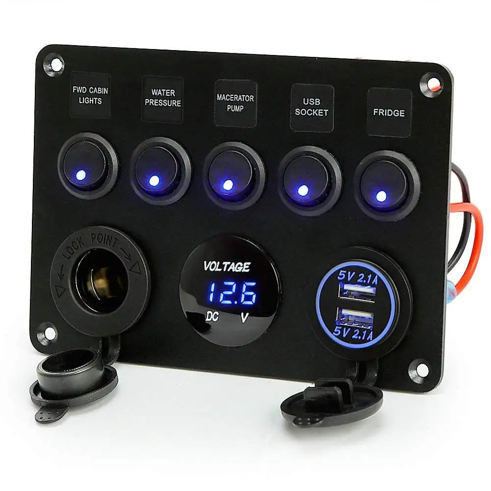 5Gang Blau LED Schaltpanel Schalter Schalttafel Voltmeter USB 12/24V Bus Boot RV 