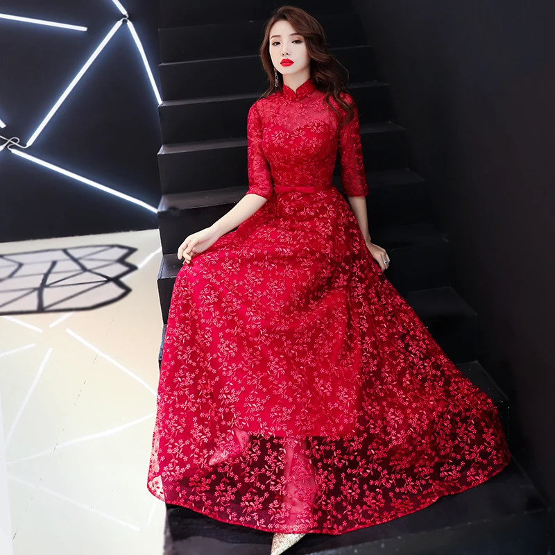 Weiyin цвет красного вина Малый Высокая шея линия Illusion Длинные вечерние платья 2019 Кружева Половина рукава молния Формальное вечернее платье