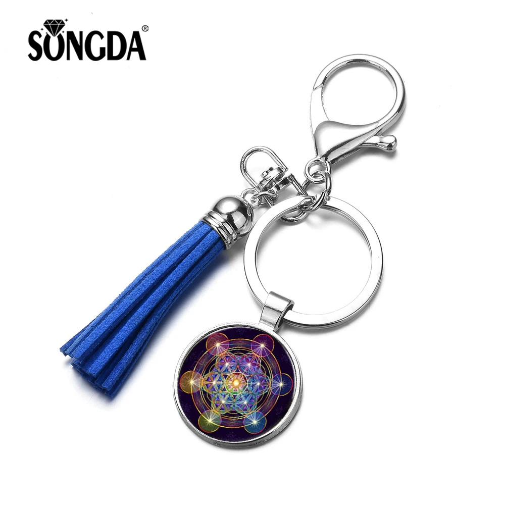 

SONGDA Charm Metatron Cube Tassel Keychain Sacred Geometry Flower of Life Glass Cabochon Pendant Key Ring Magic Hexagram Jewelry
