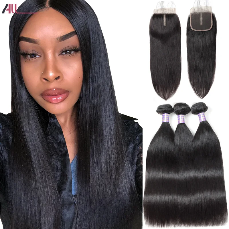 Allove Brazilian Straight Virgin Hair Bundles With Closure Brazilian Virgin Human Hair Bundles With Closure 3 Bundles Deals