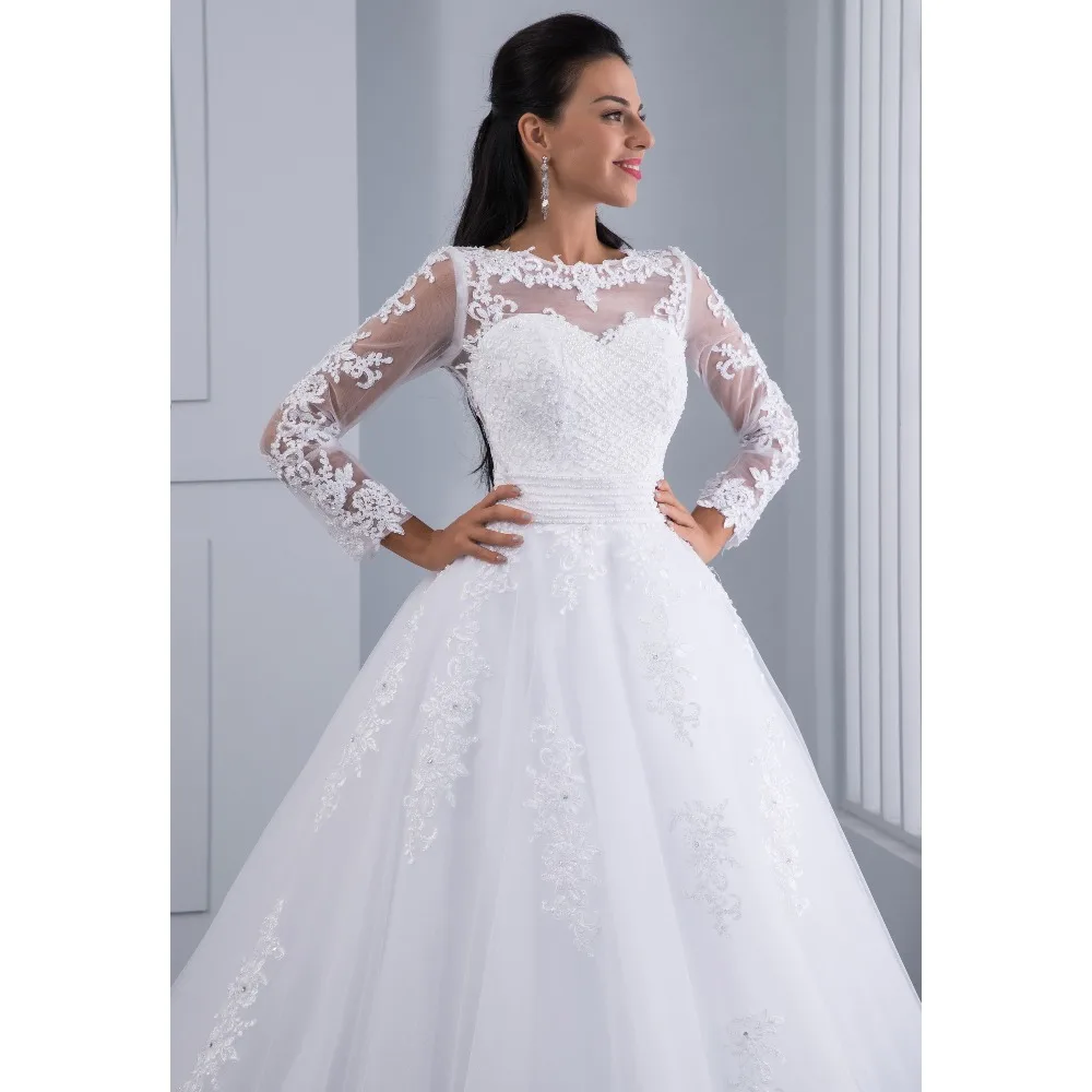 Unique Detachable Train Lace Appliques Pearls Crystal Sashes Ball Gown Wedding Dress