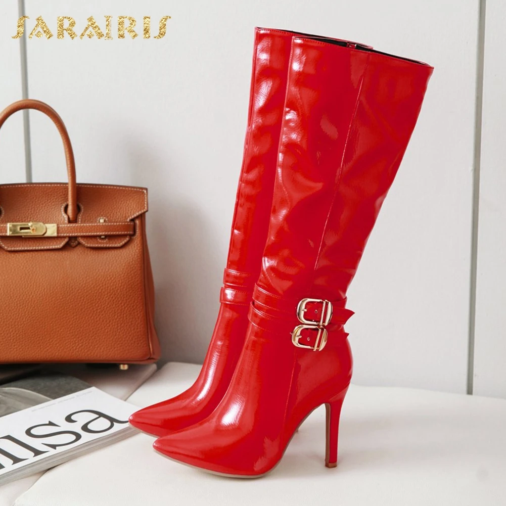 SARAIRIS/, большие размеры 34-48, сапоги на молнии с острым носком, красные, черные, женская обувь, сапоги до колена на тонком высоком каблуке, женская обувь