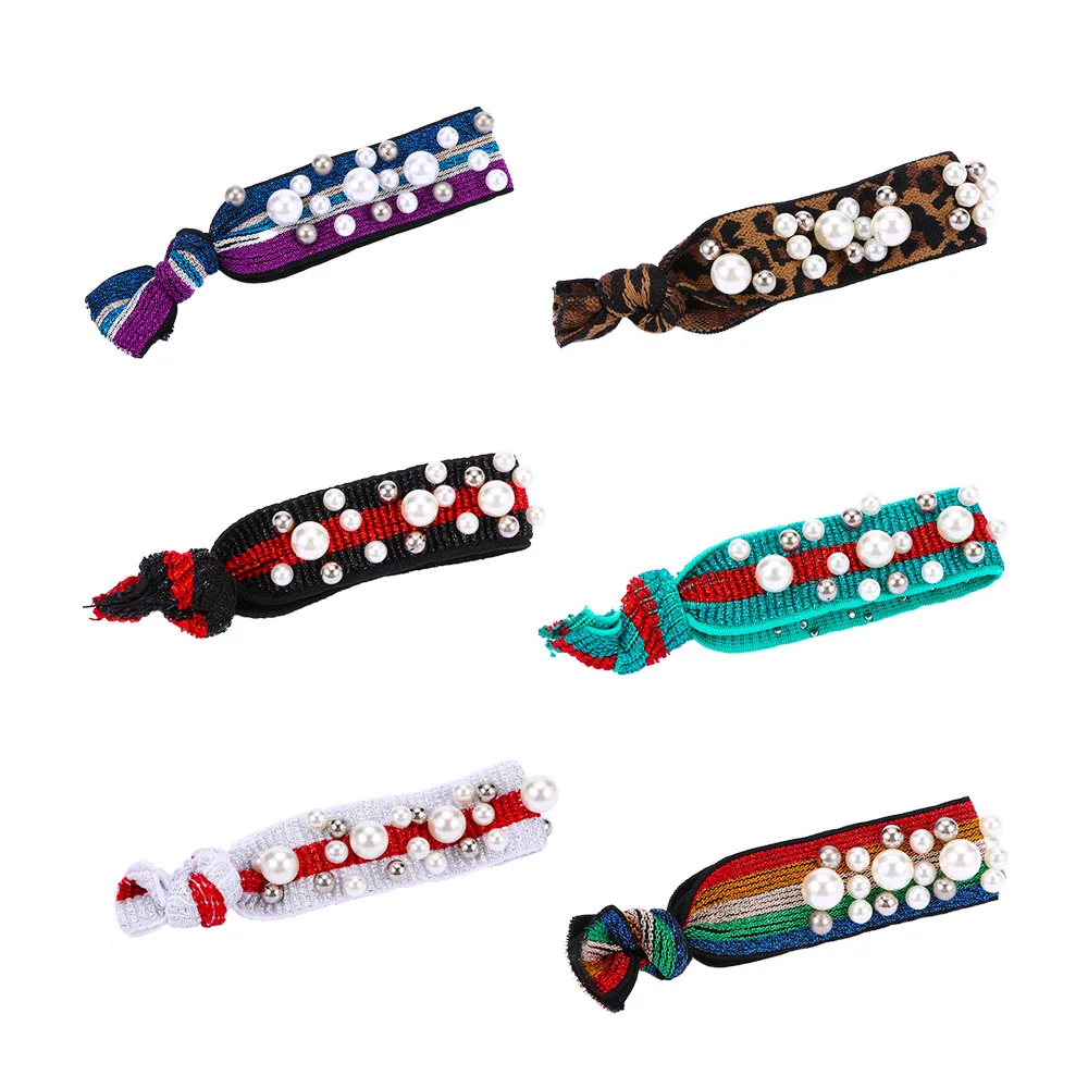 

Fashion Elastic Silk Hair Rope Pearl Headwear Multicolor Rubber Shiny Knotted Hair Ring Women Hair Accessories