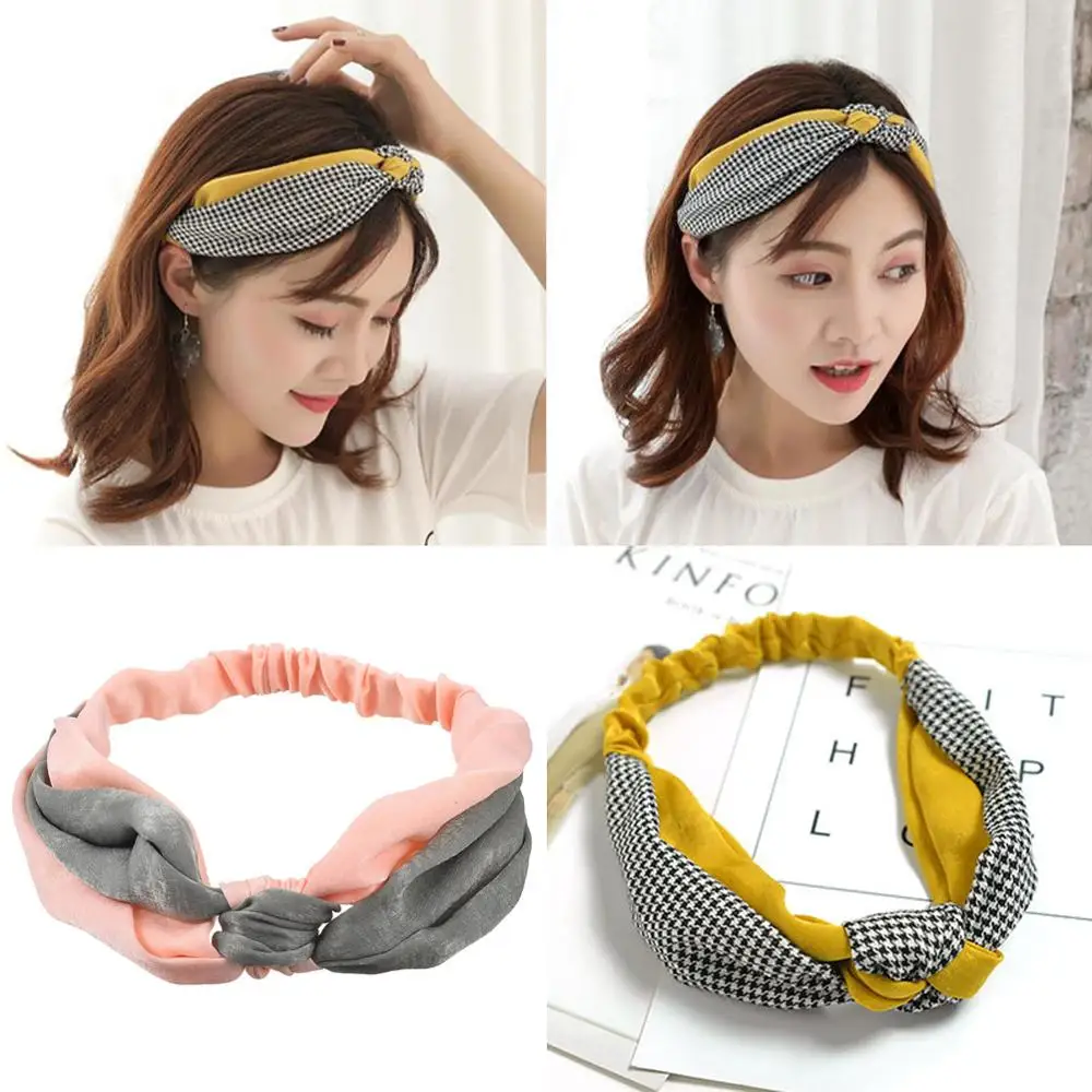 

M MISM Fashion Twist Turban for Women Bows Knot Elastic Headband Double Layer Plaid Yoga Headwrap Hairband diademas para mujer