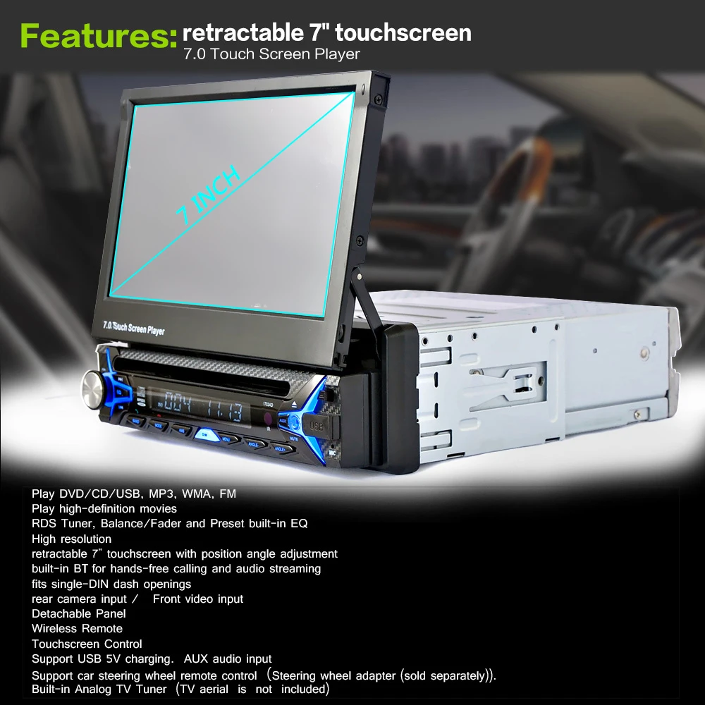 Clearance Universal 7" 1 Din Car Video with Automatic Retractable HD Contraction Touch Screen BT Car MP5 Player Audio 1