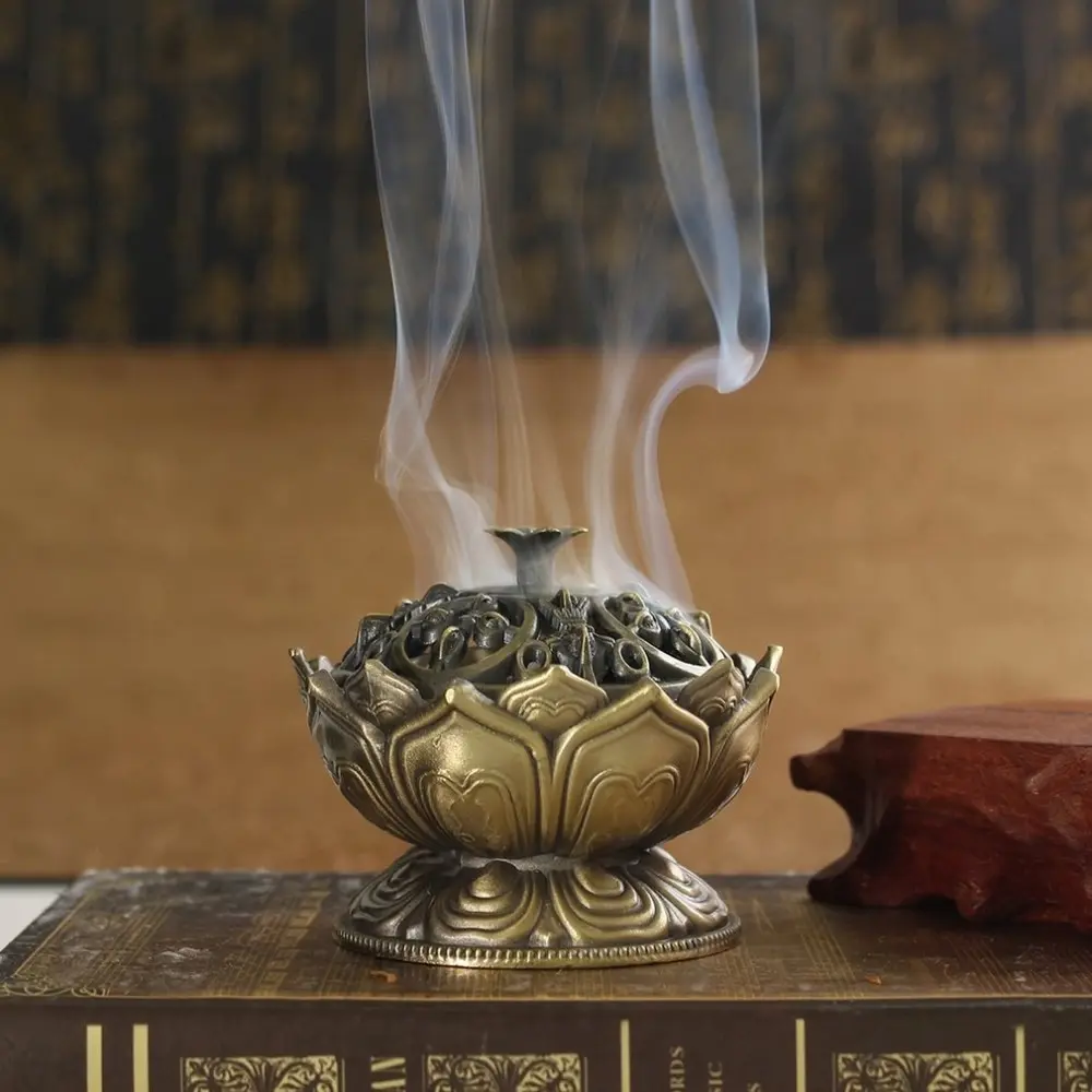 

Chinese Buddha Alloy Incense Burner Lotus Flower Incense Holder Handmade Censer for Buddhist Home Office Decoration