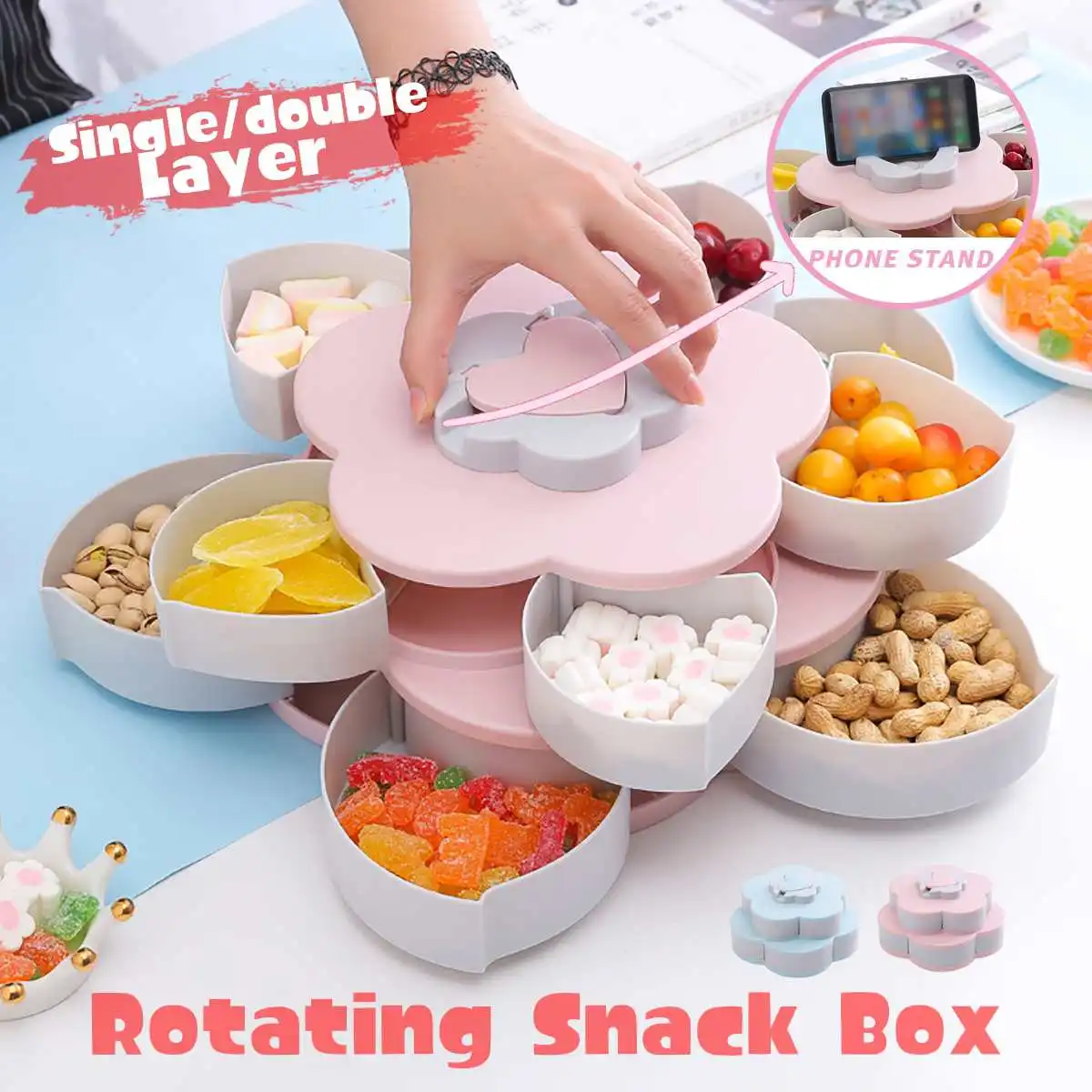 

Petal-Shape Rotating Snack Box Candy Tray Food Storage Box Wedding Candy Plates Double-deck Dried Fruit Organizer Storage
