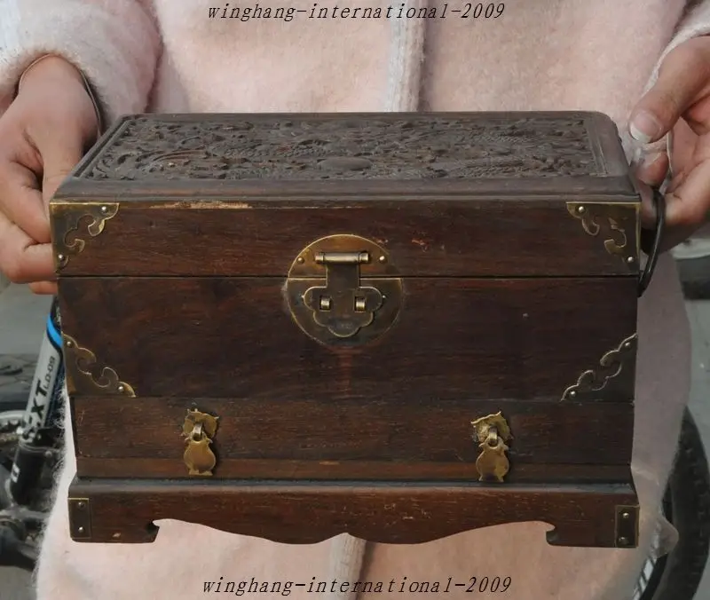 

Old Chinese Huanghuali Wood pure Hand-Carved Dragon Jewelry Box Container Boxes
