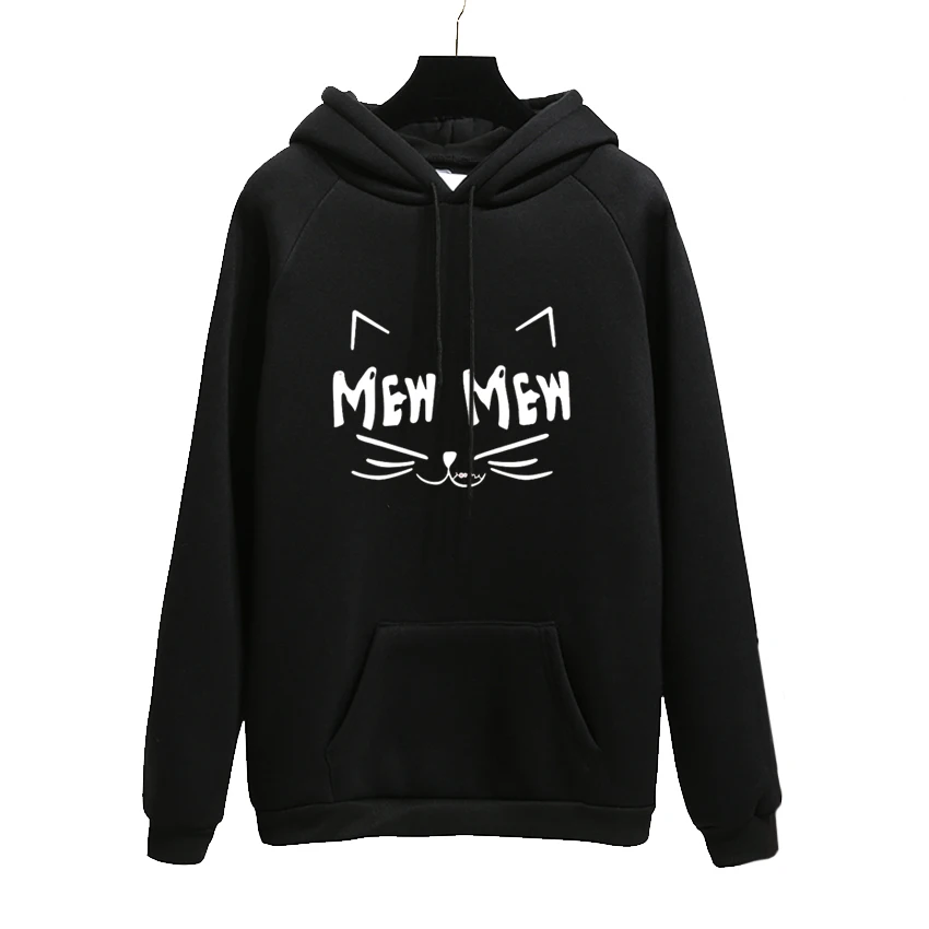 

Autumn Winter Lovely Cat MEW Harajuku Office Lady Black Pullover Hoodies Women Sweatshirt Thick Loose Moletom Feminino Clothes