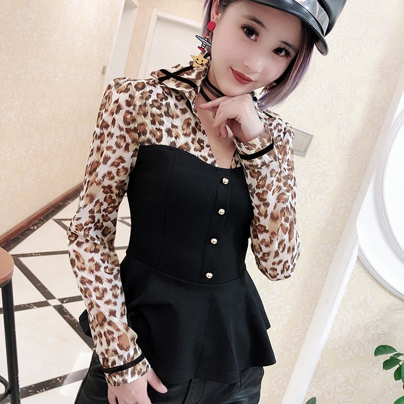  Sexy Leopard Blouse Womon Transparent Patchwork Chiffon Shirt Pullover 2019 Spring Autumn Women Lon