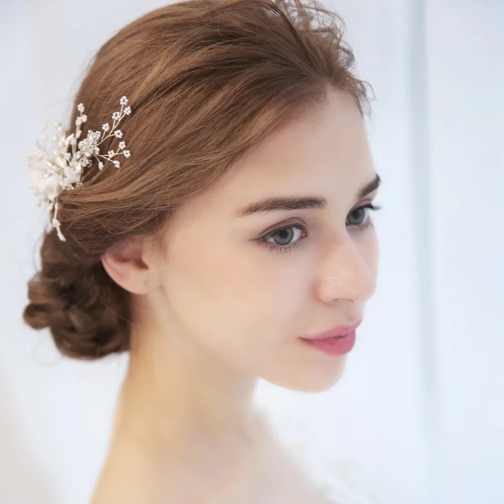 Crystal And Rhinestone Bridal Hair Comb Ceramic Floral Wedding Headpiece 2018 Handmade Hair Accessories For Brides (6)