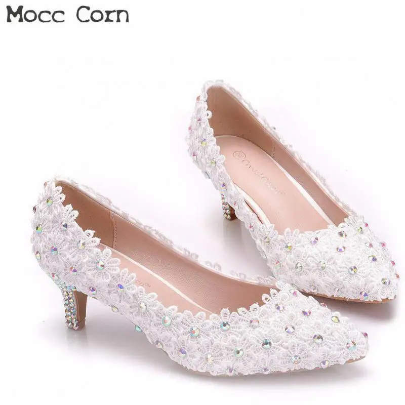 

Large Size Wedding Shoes High Heels Crystal Pointed Toe Party Shoes Lace White Prom Dress Shoes Woman Pumps Lady Zapatos Mujer