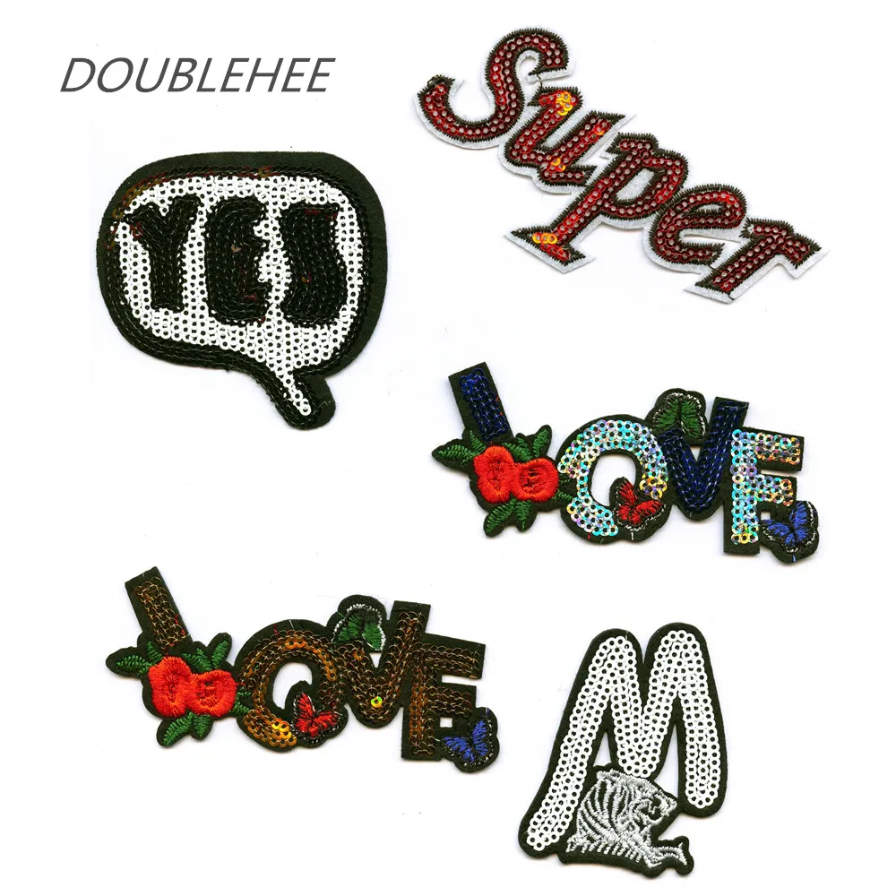 

DOUBLEHEE Sequins Letter English Love Flower Embroidered Iron On Patches For Clothing Patch Design For diy Shoes Bag Accessories