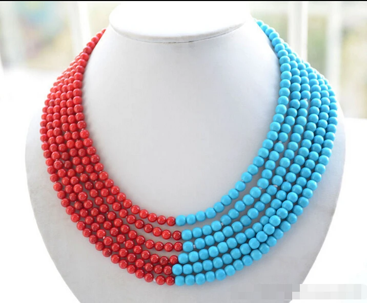 

Z6401 6strands 6mm blue turquoise red coral bead necklace A0510