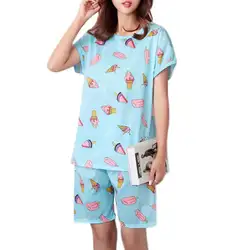 Женская летняя пижама из молочного волокна, комплект из двух предметов, пуловер с коротким рукавом и круглым вырезом, топы, полосатая