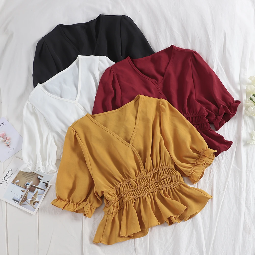 

Women Spring Summer V-Neck Puff Flare Sleeve Shirt New Casual Short Elastic Slim High Waist Chiffon Pullover Ruffles Blouse Tops