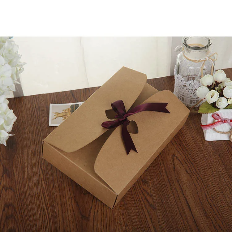 10pcs/lot Boutique Retro Kraft Paper Gift Box With Ribbon Scarf Clothes