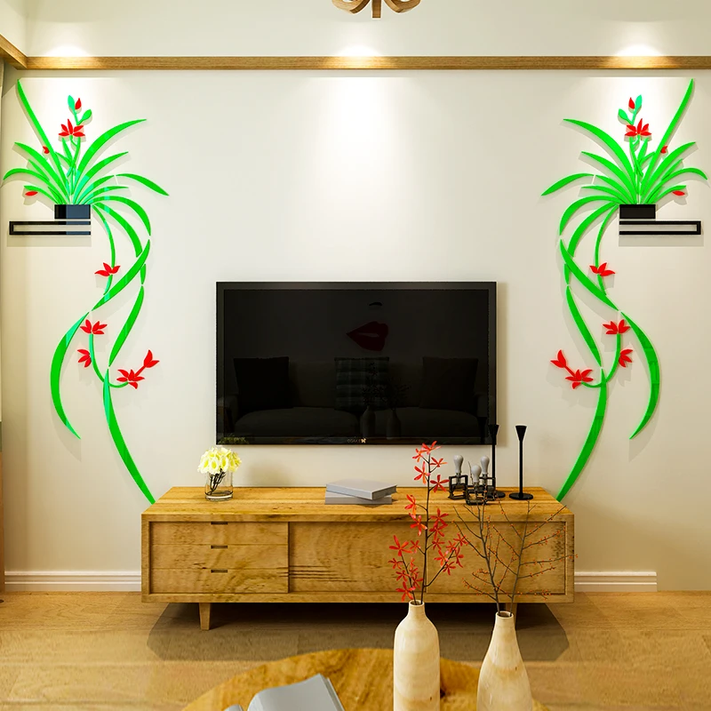

Chlorophytum Crystal Acrylic 3d Self-adhesive Wall Sticker bedroom TV background wall decoration green plants wallpaper