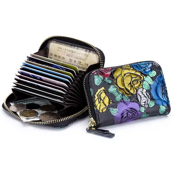 

Women Fashion Rose Embossed Credit Card Holder Girls Rfid Anti-theft Protection Zipper Multi-card Bank Card Case Mini Coin Purse