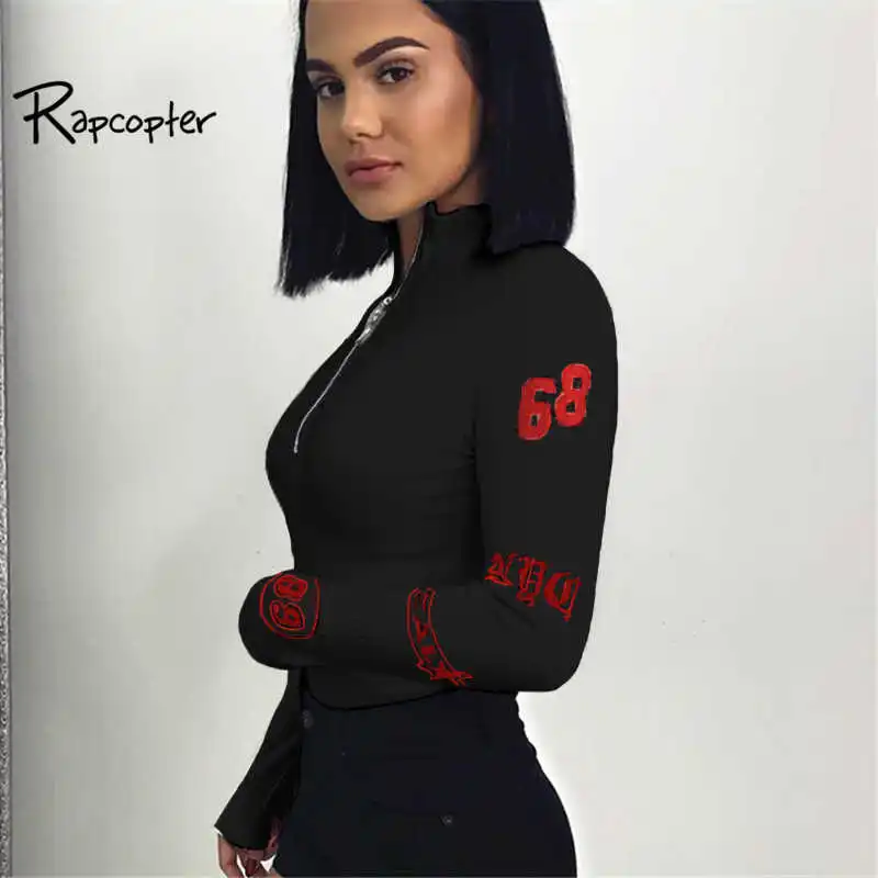 Rapcopter Women Sexy Bodycon Turtleneck Bodysuit Zipper Print Long Sleeve Autumn Winter Bodysuits 2018 Fashion One Piece Romper Rapcopter Women Sexy Bodycon Turtleneck Bodysuit Zipper Print Long Sleeve Autumn Winter Bodysuits 2018 Fashion One Piece Romper
