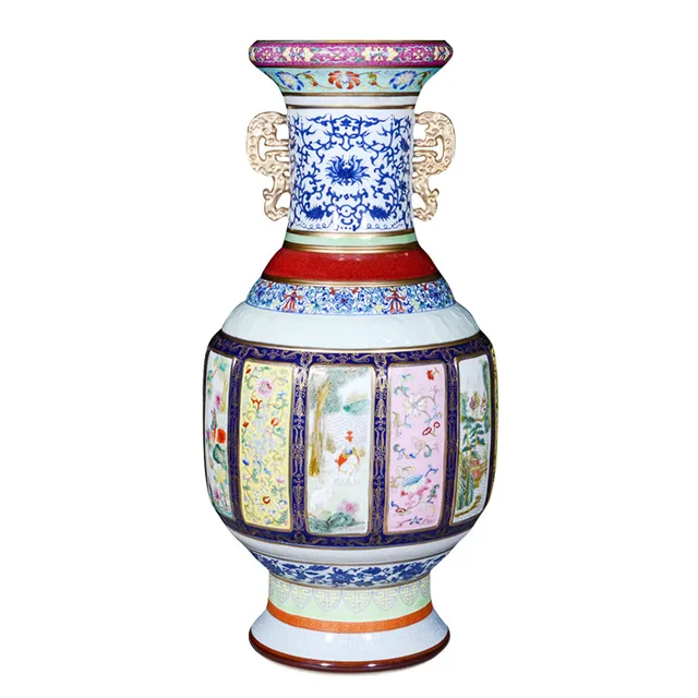 Jingdezhen Antique Pastel Porcelain King Double Ears Large Floor Vase Home Living Room Decoration Big Flower Vase 1