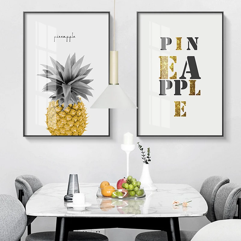 

Nordic black n white yellow pineapple canvas painting poster print Quote unique decor wall art pictures for living room bedroom