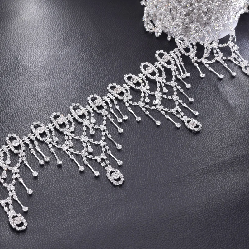 Crystal silver rhinestone clothing appliques tassel trimming (2)