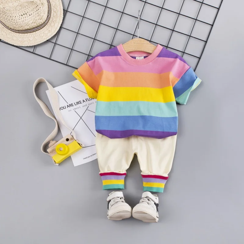 

2Pcs/Set Summer Children Baby Boys Casual Short Sleeve Rainbow Print T-shirt Tops+Shorts Suits Costume Set