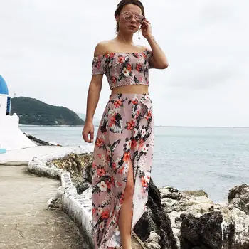 

Fashion casual two-piece suit off-shoulder short-sleeved printed split chiffon bohemian dress