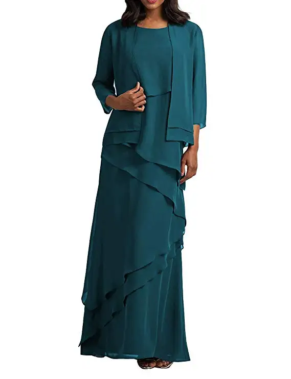 

2019 New Chiffon Tiered 2 Pieces Mother Of The Bride Dress With Jacket Plus Size Formal Evening Growns Vestido Mae Da Noiva