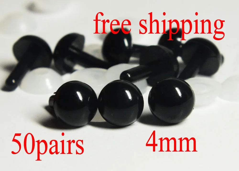 4mm Black Plastic Safety Eyes 50 pairs, Animal Eyes, Plastic Eyes, Wool