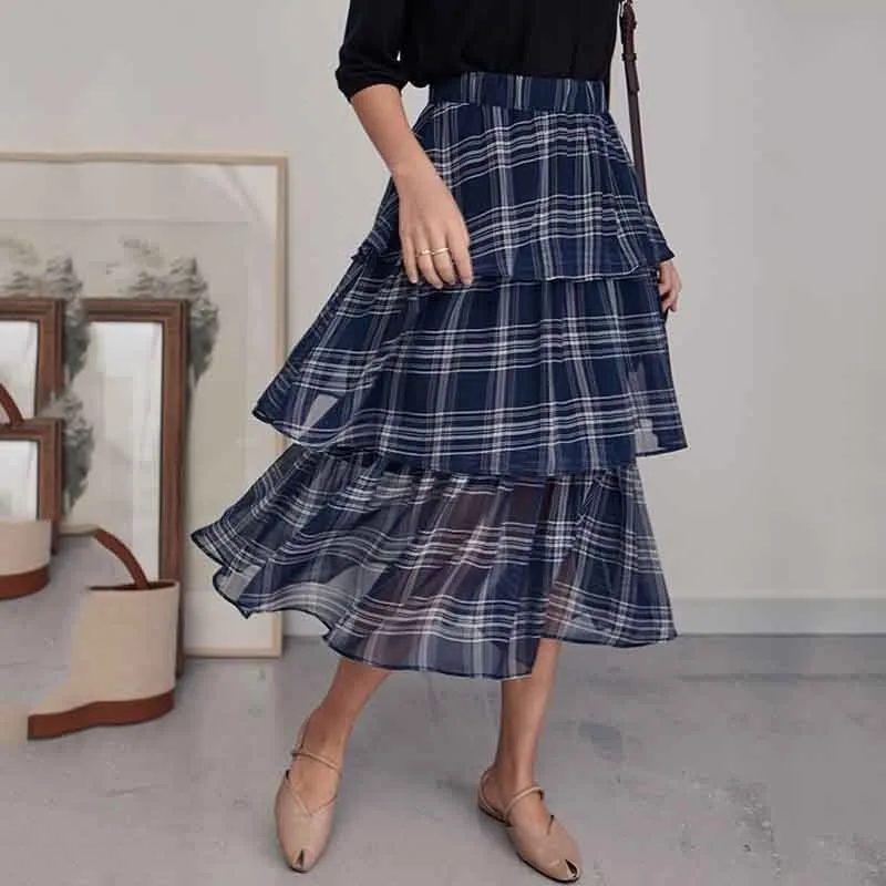 

YaLee New Fashion 2019 Summer Plaid Elastic High Waist Stitching Three Layer Mesh Pleated Large Size Half-body Skirt Women A286