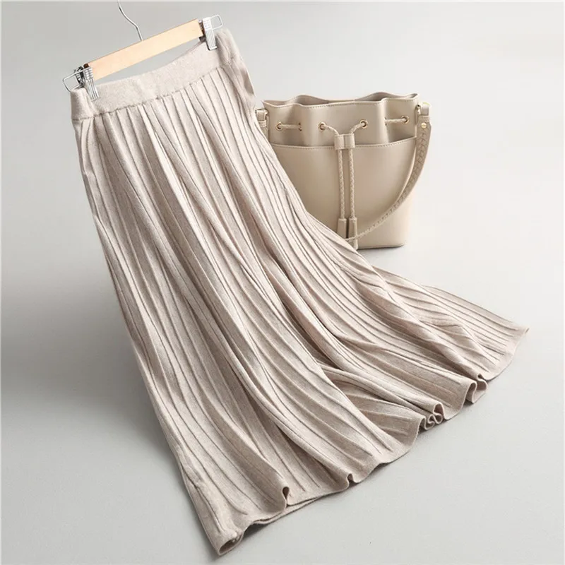 Autumn Winter A line Below Knee Knit Skirts Elastic Waist Solid Rib