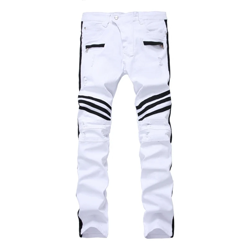 Men's Casual White Stitching Elastic Jeans Small Code 28 Youth Holes Slim Small Pockets of Large