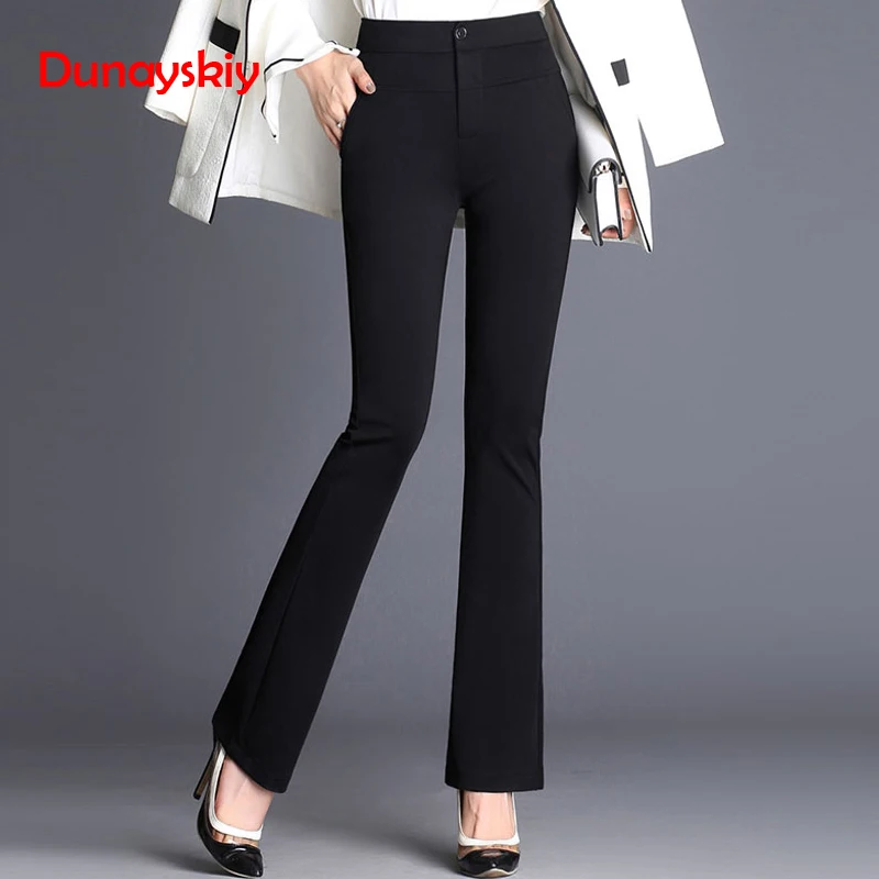 

Dunayskiy Women Spring Black Navy Blue Solid Long Flare Pants Formal Office Lady High Waist Trousers Elegant Slim Business Suits