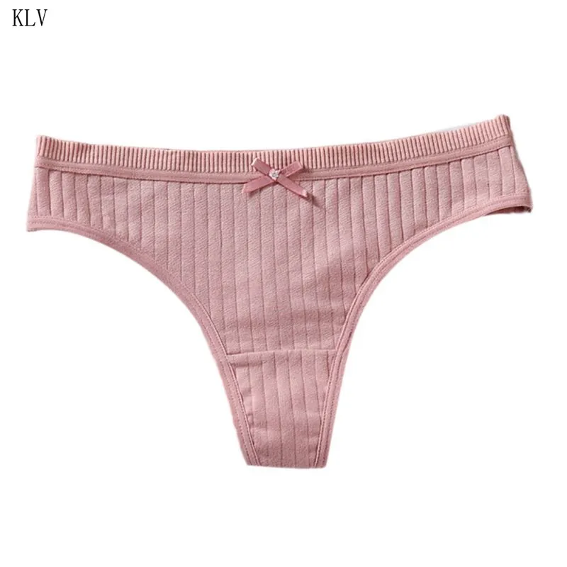 Women Sexy Low Rise Cotton G-String Lingerie Plain Solid Color Bowknot Panties Thong Thread Ribbed Striped Underwear Briefs - Цвет: Синий