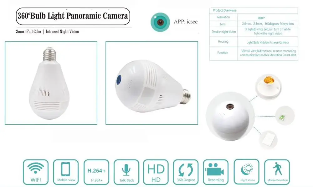 960P 360 Degree Wireless Panoramic IP Camera LED Bulb Lamp Mini WIFI CCTV Alarm 3D VR Camera Smart Home Security Free APP Alarm_F20