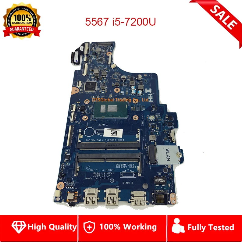 

Mainboard BAL21 LA-D802P FOR DELL Inspiron 15 5567 5767 Laptop Motherboard With i5-7200U DDR4 CN-0DG5G3 0DG5G3 DG5G3 Fully Test