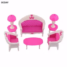 6 uds dibujos animados princesa niños juguetes Dreamhouse muñeca sofá clásico encantadora silla sofá escritorio lámpara muebles conjunto desmontaje