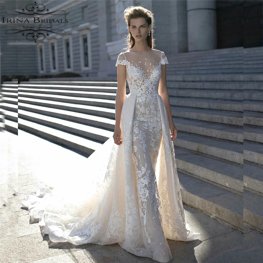 

hochzeitskleid Short Sleeve Lace Appliqued Pearls Champagne Wedding Dress With Removable Skirt